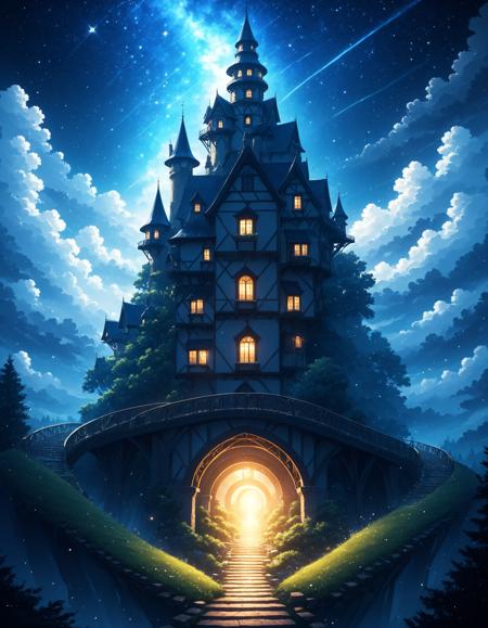 Wallpaper Fusion, bridge, building, chimney, cloud, fantasy, house, night, night sky, no humans, outdoors, scenery, sky, stairs, star , (sky), starry sky, tower, tree, cinematic angle, foreshortening, masterpiece, best quality, <lora:WallpaperFusionXL:0.8>