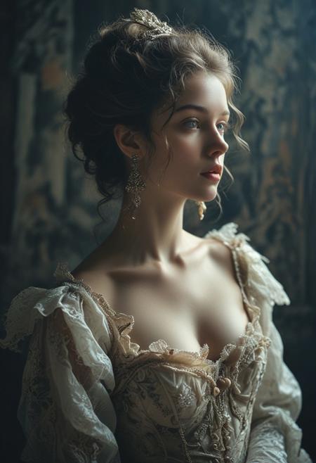 (Soft Lighting Photography by Mimoza Veliu and Mario Giacomelli:1.2), NSFW, Ancient France royal costume, Rococo style, beautiful girl, side soft light, Dark environment, elegant, gorgeous, highly detailed, , nipples