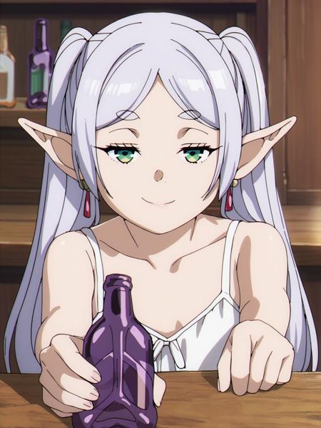 1girl, sfrieren, solo, elf, pointy ears, silver hair, white hair, green eyes, small breasts, flat chest, BREAK
nightgown, white nightgown, bare shoulders, upper body, naughty face, closed mouth, smile, sitting, half-closed eyes, BREAK
aphrodisiac, potion, holding, holding bottle, table, behind table, wooden table, bar, behind bar, pov, outstretched arm, BREAK
<lora:sfrieren_ponyxl:0.9>, score_9, score_8_up, score_7_up, score_6_up, anime,
(high quality, detailed, beautiful), shiny, detailed beautiful eyes, outstanding, countershading, detailed soft lighting