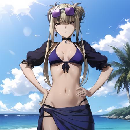 portrait,  beach background, sunlight, hands on hips, blue bikini, blue skirt, small breasts, choker, hoop earrings, sultry expression, purple skin, blue skin, front-tie top, swimsuit, sarong, eyewear on head, beach background, sunlight, hands on hips,<lora:Kongou_Aoki:0.7>, best quality