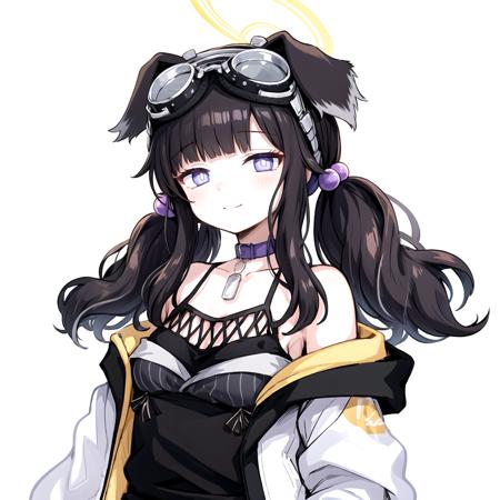 hibiki, halo, dog ears, bright pupils, goggles on head, black hair
twintails, hair bobbles, animal collar, purple choker, multicolored jacket, black camisole, grey shirt, dog tags
light smile, [expressionless:light smile:0.5], (half-closed eyes:0.35), closed mouth
upper body, (simple background, white background:1.4), <lora:chara-hibiki-v3:1>