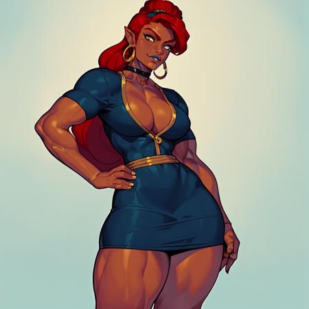 masterpiece, high quality, highres, detailed face, full_body of Urbosa <lora:urbosa:0.5> dark skin, red hair, sharp features, (((business suit jacket and black tights and dark blue skirt))), ((hair in bun)), wearing glasses, unbuttoned white shirt sfw