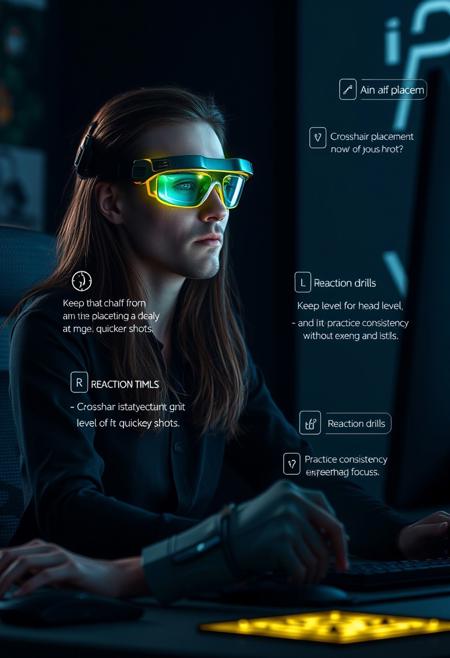 “Create a 16:9 cinematic scene where a player sits at a desk, immersed in a virtual game, with the room dimly lit and only the glow of the screen illuminating their face. The male AI operator appears on the screen, a semi-transparent, holographic figure with long brown hair and distinctive green and yellow goggles. His appearance is sleek and futuristic, exuding a tech-savvy and guiding presence. The goggles add an intriguing, high-tech element to his character, giving him an otherworldly yet approachable look.
The player asks the operator for tips on improving their aim and reaction time in the game. The AI operator, with a calm and confident tone, offers advice on crosshair placement, suggesting the player keep the crosshair at head level for quicker shots. He also explains reaction drills and the importance of practicing consistency without overexerting focus. As the operator gives these tips, floating icons or visual cues should appear around him, highlighting key points like ‘Crosshair Placement’ and ‘Reaction Drills.’
The scene shifts between close-up shots of the player’s focused expression and the holographic operator, whose goggles glow subtly with each piece of advice. The operator’s holographic form slightly shifts with movement, emphasizing his digital nature. End the scene with the player nodding, grateful for the guidance, and feeling more confident to tackle their next challenge.”