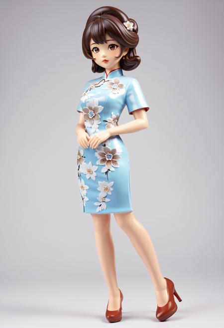 1girl, (asian:1.25) girl, figurine, anime style, dark brown hair, detailed hair, volume hair, radiant eyes, realistic, pretty face, detailed lips, glossy skin, simple background,  Elegant qipao, pumps shoes, playful pose,