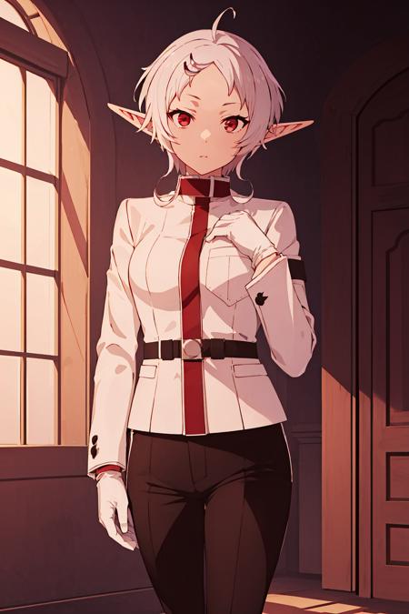 <lora:sylphietteV2-000005:0.9>,
expressionless, serious, 
sylphiettexf,pointy ears,short hair,white hair,forehead,ahoge,red eyes,
red choker,white red shirt,black belt,black pants,brown boots,breast pocket,white gloves, Exquisite visuals, high-definition,masterpiece,best quality,Exquisite visuals,high-definition,masterpiece,best quality,18yo,Young female,Beautiful Fingers,Beautiful long legs,Beautiful body,Beautiful character design,