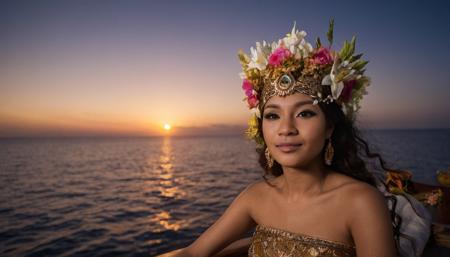Mythical Full Body Portrait Photo of Dyah Gitarja aboard her Javanese ship, wearing a flower and a majestic crown in her hair, enveloped by the mystical aura of the sea and ancient maritime spirits, bathed in the ethereal light of moonrise, photographed from a mystical and reverent angle . 35mm photograph, film, bokeh, professional, shot by evgenia arbugaeva, 4k, highly detailed<lora:LCMTurboMix_DPM_SDE_Karras:1>