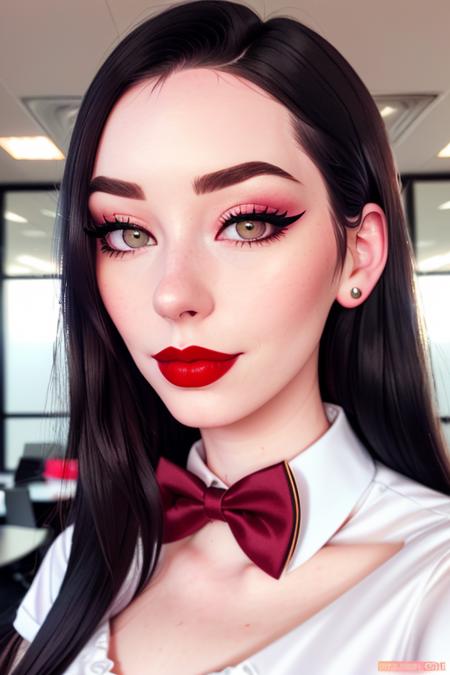 photo of fn-1:0.99, , a woman, ((bowtie, shirt)), ((closeup, portrait)), ((conference room)),((red lipstick,eyeliner, eye shadow, blush)), ((best quality, masterpiece, extreme details, high resolution):1.2),((detailed eyes, beautiful eyes, detailed face, beautiful face):1.2)