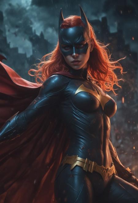 High resolution ultra-realistic of beautiful realistic  Batgirl is fighting a battle, cinematic style, standing on a bloody and stormy battlefield in a fighting pose, bloody massacre, realistic modern combat costume, black mask, red cape, perfect athletic figure, wavy red hair, handsome dirty bloody face, beautiful perfect detailed pupils, wet oily shiny skin, covered in dirt and blood, beautiful firm Breasts, defiant and seductive, sexy 20 year old girl, 8k resolution concept art portrait by Greg Rutkowski, Dark Gotham City, realistic blue eyes, full body, Artgerm, WLOP, Alphonse Mucha, dynamic lighting, hyperdetailed, intricately detailed, Splash art trending on Artstation triadic colors, Unreal Engine, 5 volumetric lighting, Cinematic Lighting, intricate, smooth, sharp focus digital painting, Asymmetrical Balance, painting, dynamic lighting