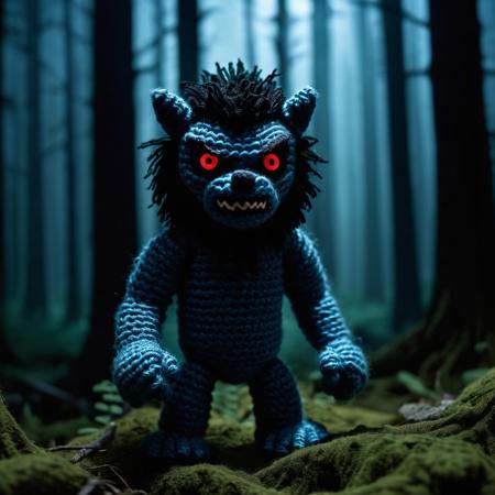 Werecreature (e.g., Werewolf) monster,
Ominous shadow-filled forest,
movie scene  in amigurumi style, extremely fuzzy yarn,
HD, 8k, highly detailed, perfect composition, depth of field, cinematic lighting, volumetric lighting, color graded, film grain, 
<lora:Amigurumi_Style_XL_LyCoris_v1.5.2:0.65> <lora:add-detail-xl:0.64>
