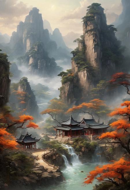 Freehand style, Envision a serene and tranquil idyllic retreat nestled within the ethereal beauty of ancient Xianxia-themed mountains, where misty clouds delicately wrap around the peaks, creating an otherworldly atmosphere. The landscape is dotted with ancient architecture, reflecting the elegance and refinement of a cultivation sect's stronghold. Here, mystical energy flows through enchanted forests, where immortal mountains and rivers harmonize with the natural world, fostering an environment perfect for the pursuit of martial immortality. The scene is populated with mystical creatures, adding a touch of wonder and magic to this Chinese ancient Xianxia-themed paradise., Don't be real, oil painting, done with japanese brush technique, realistic, extreme detail, scary, terrifying, dark and warm environment, 8k, looking at viewer, looming, Comic style
<lora:add-detail-xl:1> <lora:xl_more_art-full_v1:0.5>  <lora:looking_at_viewer:2>