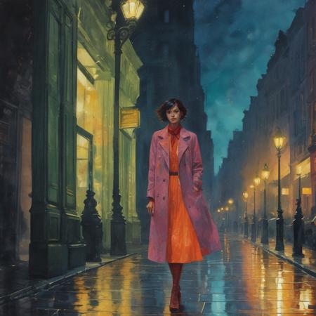 impressionistic bidimensional a biracial goth girl dressed in playful colours instead of black, action pose by a tardis, watercolor (monet:1.2) dadaistic collage (by Bill Sienkiewicz:1.5), night city. Beautiful face. resplendent spotlight effect, alcohol and gold leaf highlights.