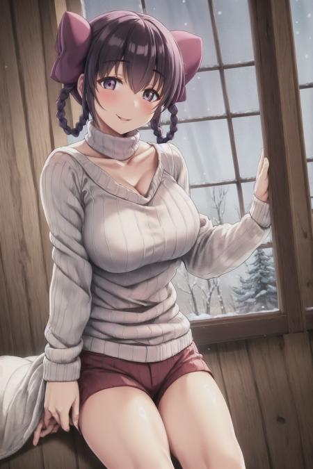 (ayakuwa tenri), (white pupils), (large breasts), wide hips, twin braids, looking at viewer, smile, ribbed sweater, short shorts, indoors, log cabin, window, snowing, <lora:Ayukawa Tenri V1:0.6>