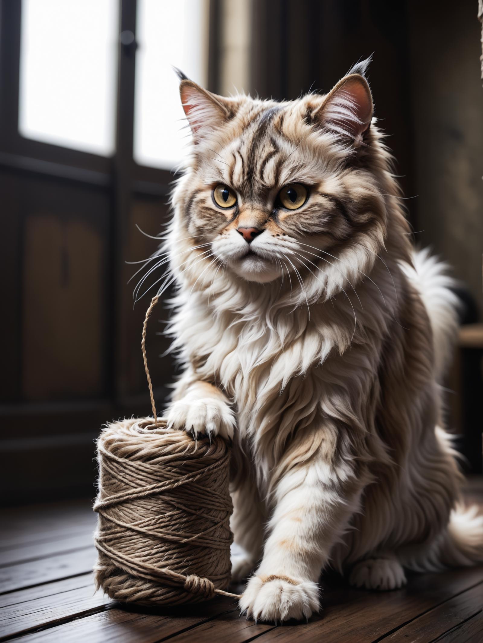 photo of a persian cat detailed fluffy fur, playing with a spool of string, detailed, realistic, 8k uhd, high quality