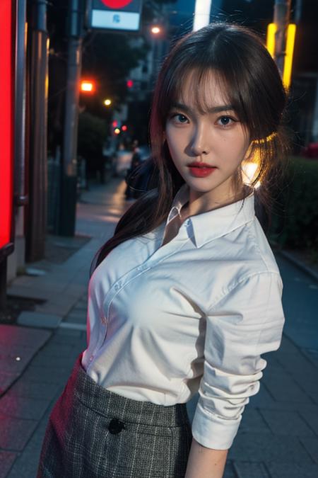 ujifilm XT3, 8k,close up photo, masterpiece, best quality, (((1girl))), solo,realistic, ((looking at viewer)), photorealistic, (extremely detailed face), looking at viewer, ((ultra-detailed eyes and pupils)), ultra detailed, serious expression, ((standing city street at night)), (suit shirts), Suit skirt, (arms behind back),  <lora:yujulorashy:1>