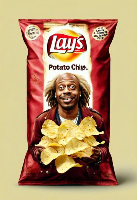 Portrait, studio photograph,  Dave Chapelle character: tyrone Biggums, funny crack addict from Chappelle Show, Dave Chapelle on hiS likeness, Chapelle Dave stand up comedian,Lay's potato chips customized to clearly display "Euro Crack" , Portrait studio comedy photograph of Tyrone Biggums, zany emaciated crack addict from Chappelle Show, jovially holding a single bag of Lay's potato chips customized to clearly display "Euro Crack" flavor text, wacky exaggerated expression of manic glee, meth-addled twitchy mannerisms played for laughs, wild bugged-out eyes, oversized ill-fitting tattered red coat, dingy white tank top askew, ripped baggy jeans, untied scuffed boots, stringy unkempt greasy hair sticking out, sunken cheeks and hollowed features amplified to humorous effect, yellowed rotting teeth bared in a crazed grin, overgrown scraggly beard, photorealistic lighting of professional brand studio highlighting hilarious disheveled appearance, 4k uhd resolution, masterpiece quality portrait capturing satirical hilarity