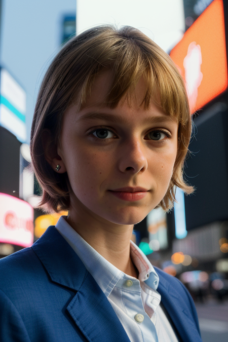 FloFleming, (light blonde hair), ((detailed face, Times Square background, detailed background, cyberpunk, shadow, dramatic lighting, by Bill Sienkiewicz, bokeh, night, midnight, darkness))