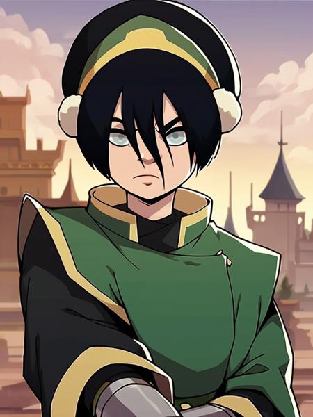 <lora:Toph:0.8> t_ph, 1gir, pale skin, black hair, long bangs, gray blind eyes, headband with pompoms, bun hair,looking at viewer,  ((steel knight armor)), castle background, score_9, score_8_up, score_7_up,