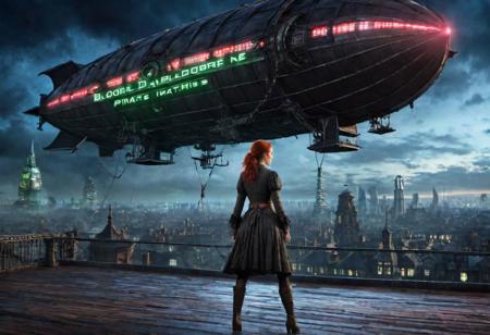 (Front facing) fullbody, 30 year old pirate dress, woman,red hair, green eyes, neon light, standing in city, flying in sky airship in background, 8k, hyper realistic, real life, realism, ultra definition, floor, in swampland, bloodborne