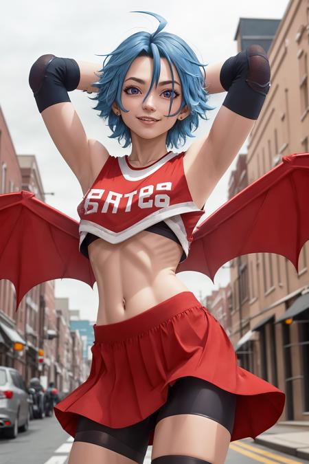 taki suzuna purple eyes, hair between eyes, short hair, blue hair, ahoge, demon wings, crop top, pom pom (cheerleading), elbow pads,  bike shorts, red skirt, knee pads, roller skates