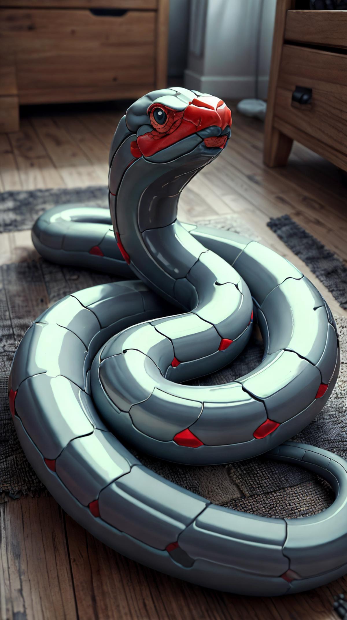 A robot snake with red eyes and red fangs made from plastic pieces.