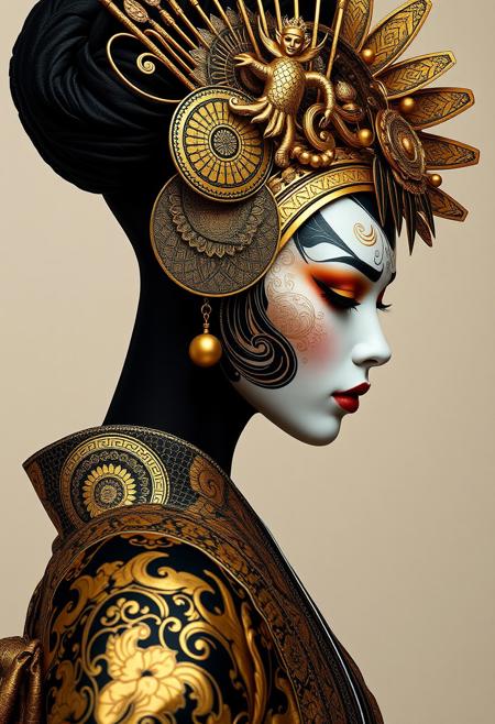 african geisha warrior, gold foil,hyperrealistic 8k, porcelain woman, side profile, intricate black and gold patterns, flawless symmetry, ethereal beauty,,
,novuschroma27 style
