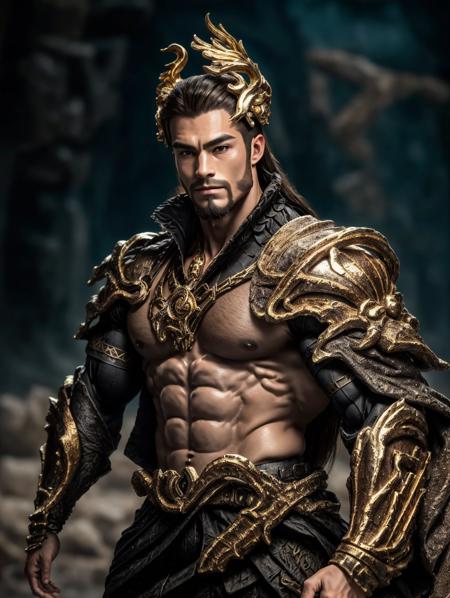 Best quality, masterpiece, ultra high res, photorealistic, (mascular, strong body builder) <lora:moonlord:0.6> a man in black and gold armor, headpiece, detailed skin, (facial hair, long beard), cinematic lighting, shadow, long black hair, biomechanical environment