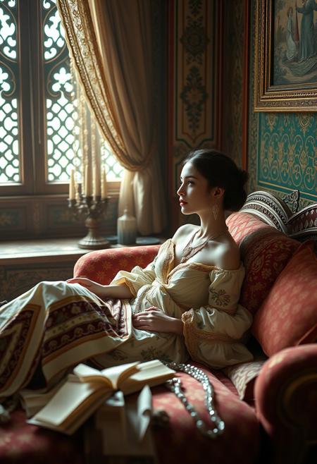 source_photo, photorealistic, masterpiece, 4k, ray tracing, intricate details, highly-detailed, hyper-realistic, 8k RAW, cinematic light, dramatic light, shallow depth of field,  high budget, bokeh, cinemascope, best view, best angle, XIXth century, Baudelaire, orientalist, collector, surrealist poetry, "lle était donc couchée et se laissait aimer,
Et du haut du divan elle souriait d'aise
A mon amour profond et doux comme la mer,
Qui vers elle montait comme vers sa falaise."