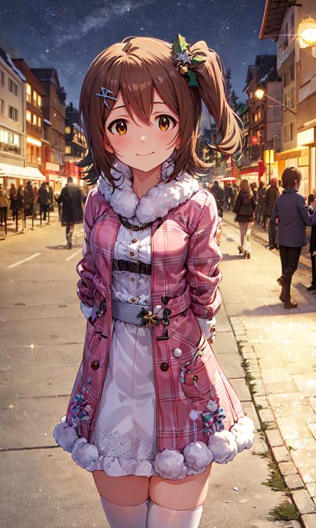 mirai kasuga (million live), shiny trinity \(costume\), (best quality, 8K, masterpiece, ultra detailed:1.2), (lens flare, light particles, sparkle), depth of field,
night, starry sky, gradient sky, christmas, snowflakes, reflective floor, street, people, light, wei floor, snowing, 
1girl, solo, winter coat, white thighhighs, arms behind back,