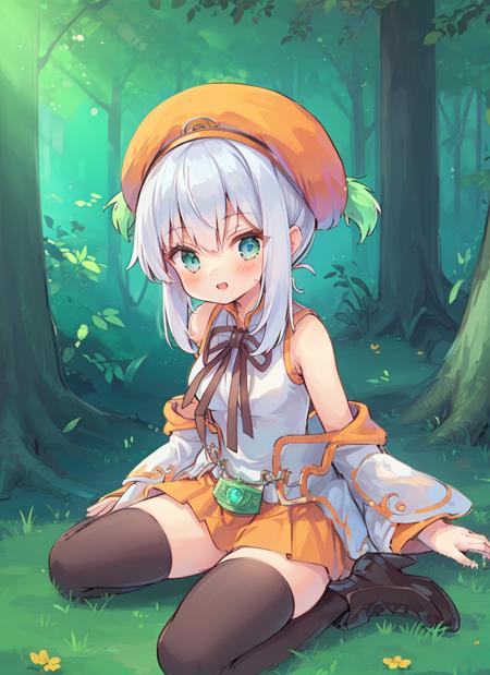 1girl, <lora:lucia:1>,hat,boots,thighhighs,orange skirt,sitting on heels,from above,forest