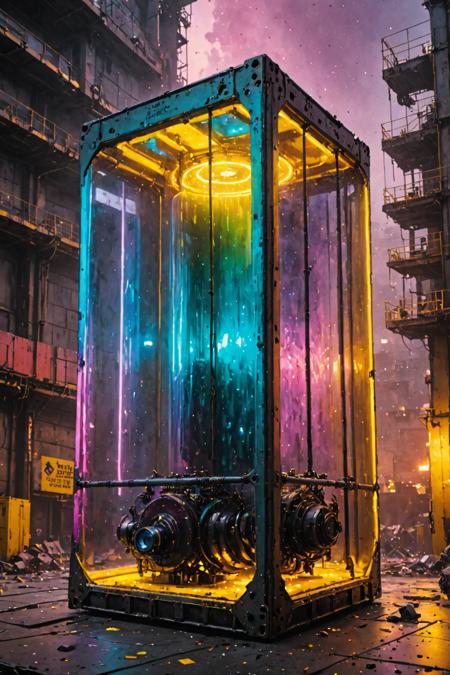 ultra realistic 8k cg, flawless, clean, masterpiece, professional artwork, famous artwork, cinematic lighting, cinematic bloom, (((photo raw)), background), a large rainbow glass cyberpunk container with a construction yard inside, yellow smoke  <lora:Contained_Color_SDXL:1>