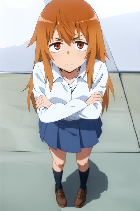 <lora:Gamo:1>
<lora:animemix_v3_offset:0.6>,
1girl, solo, skirt, long hair, school uniform, orange hair, orange eyes, white shirt, white background, simple background, pleated skirt, blue skirt, black socks, looking at viewer, kneehighs, long sleeves, collared shirt, standing, breasts, , sanpaku, bangs,from above,frown, crossed arms, outdoors, cityscape,