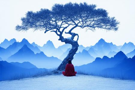 A lone figure sits cross-legged beneath a gnarled tree in a snow-drenched valley, silhouetted against jagged indigo mountains. Stark minimalism guides the composition: the figure anchors the foreground, while icy peaks recede into soft gradients of twilight. Styled after Zao Wou-Ki’s abstract landscapes blended with Marlene Dumas’ emotive strokes, the scene contrasts a crimson robe against bone-white snow and slate-blue shadows. Diffused cobalt light bathes the terrain, textures alternating between glass-smooth gradients and bark’s rough grit. Mood teeters between serenity and tension—crisp air hums with stillness, the tree’s roots clawing earth like veins, symbolizing fragile harmony between human resolve and winter’s indifference.
