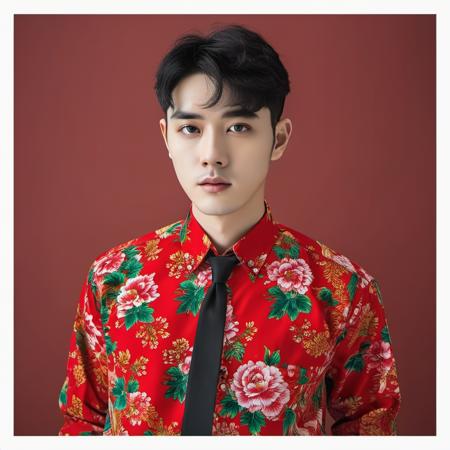 dongbeidahua,solo,looking at viewer,short hair,simple background,shirt,black hair,long sleeves,1boy,flower,male focus,necktie,collared shirt,black eyes,black shirt,floral print,black background,red shirt,hands in pockets,print shirt,<lora:dongbeidahua:0.6>,