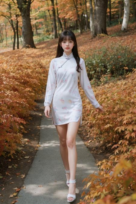 1girl,very long hair,rim light,absurdres,(autumn maple forest:1.3),very few fallen leaves,(path),botanical garden,(white printed cheongsam:1.2),medium_shot,