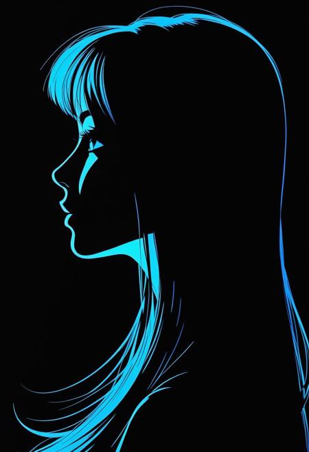 manga style portrait in profile, dark silhouette of a woman's face, long straight hairs, the head is slightly raised, blue back light, contrast colors, black background