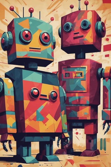 communist kawaii robots, abstract, bold patterns, broad brushstrokes, cubism, duotone, moody