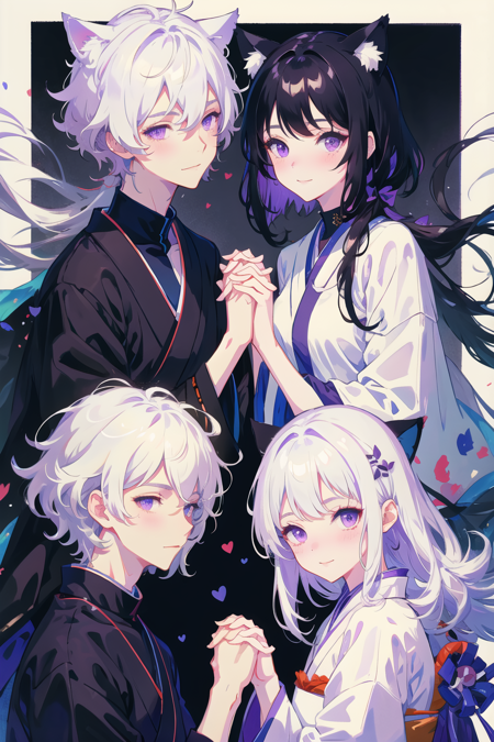 cat ears, short hair, silver hair, white hair, purple eyes, masterpiece, pov, medium breast, absurdres, messy hair, cute smile, winking, blushing, nice hands, black turtleneck, black hair simple background, Japanese clothes, kimono, 1boy, 1girl, side-by-side, holding hands,