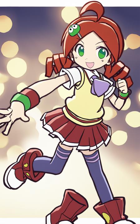 ando ringo green eyes, character hair ornament, red hair, ahoge, twin drill wristband white skirt, cleamyellow sweater vest, red skirt, purple necktie, school uniform, navyblue thighhighs, red shoes, zettai ryouiki