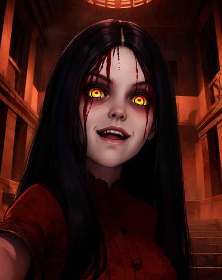 alma,yellow eyes,glowing eyes,black hair,
red dress,smile,open mouth,
upper body,
building,blood halls,
(insanely detailed, beautiful detailed face,beautiful detailed eyes, masterpiece, best quality),<lora:Almawade:0.7>,