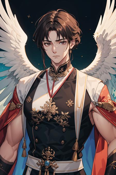 masterpiece, best quality, 1 male, adult, mature, handsome, tall muscular guy, angelic messenger, feathered wings, celestial realm, divine messages, Grace, Purity, Compassion, upper body