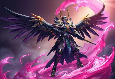 "This artwork showcases a dynamic and powerful Gearfried the Swordmaster, adorned in intricate black, purple, and gold armor with striking wings. They stand in a ready stance on a pink swirl, with a Clockwork Night background emphasizing the Gearfried the Swordmaster's central role. The artwork is expertly composed with vivid colors, sharp details, and a 8k resolution, evoking a sense of epic grandeur with its lifelike details, creative angle, and captivating lighting."