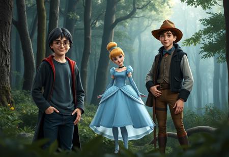 Image of Harry Potter and Lucky Luke standing next to Cinderella in a forest