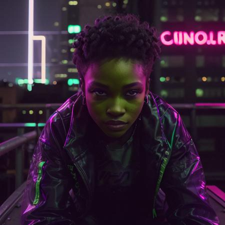 DSLR photo, close up of a young black woman sitting on a rooftop ledge in a city at night wearing a reflective plastic see through jacket, (angry:1.2), (volumetric lighting:1.1), (New York Noir:1.18), <lora:NeonNoir-000002:0.65>, (purple and green neon lighting:1.21), NeonNoir, hard shadow, masterpiece, best quality, Intricate, High Detail, 8k, modelshoot style, film grain, <lora:theovercomer8sContrastFix_sd15:0.3>