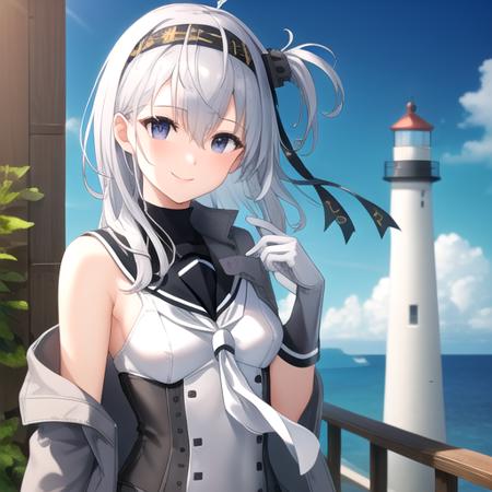 ((masterpiece)),(best quality),official art,extremely detailed CG,unity 8k wallpaper,ultra detailed,A lighthouse on a cliff by the sea,1girl,solo,upper body,(portrait:1.2),clothes_writing,long_hair,sailor_collar,smile,hachimaki,one_side_up,white_skirt,pleated_skirt,black_headband,white_necktie,grey_jacket,black_sailor_collar,white_bodysuit,knee_boots,miniskirt,grey_hair,school_uniform,serafuku,white_hair,gloves,hair_between_eyes,jacket_on_shoulders,medium_breasts,corset,white_pantyhose,grey_footwear,<lora:Suzutsuki(kan)>,