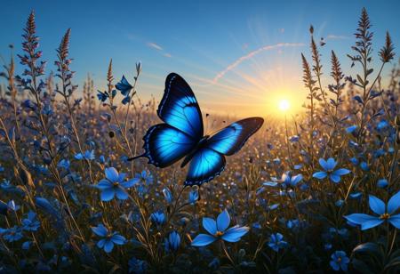 Terrestrial tapestry, wild flowers at sunrise, a surreal play of chiaroscuro, by Valent10179, hd, a stunning digital h. bosch's masterpiece, tiny blue butterfly sitting on detailed petal, sculptural 3d convexity