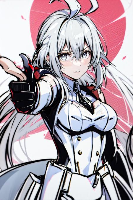 masterpiece, best quality, 1girl, <lora:Finger_gun:1>,finger_gun,gloves,pointing at viewer,, <lora:Liv:0.6>1girl, ahoge,jet, long_hair,white hair,grey eyes