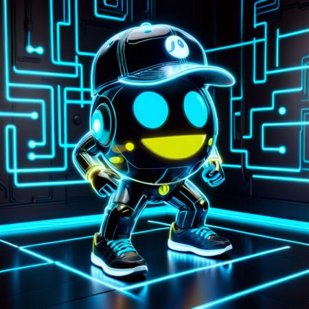 holotech, (pacman figure: lucent, round), baseball cap, glowing, (floor: black reflective), (walls: black and neons) soft lighting, rating_safe, <lora:add-detail-xl:1.5>, ultra detailed, best quality, ultra sharp, <lora:sdxl_Holotech:1.0>, <lora:sdxl_3-3_add-detail-xl:0.8>