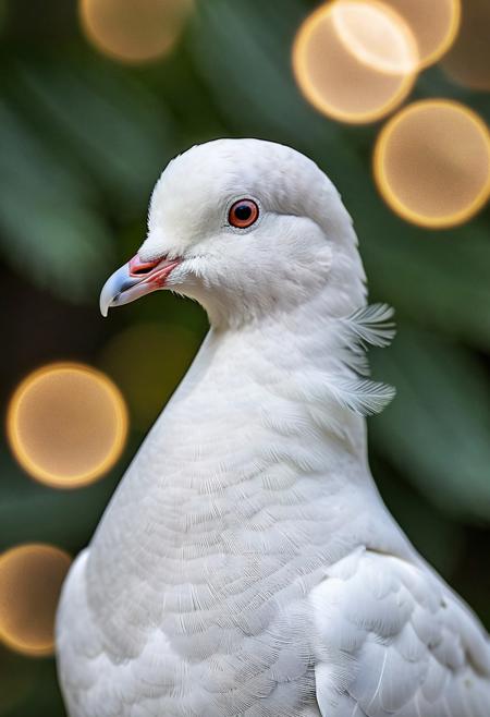 portrait, masterpiece, 4k, ray tracing, intricate details, highly detailed, hyper realistic, 8k RAW editorial photo.
an adorable white dove, head with a tilt and a slight blink. The dove is feathers should be soft and fluffy, the background should be a  forest, dramatic light, shallow depth of field, high budget,