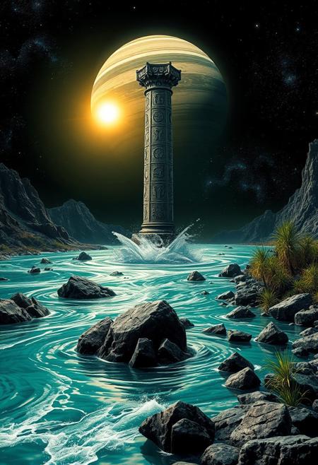 A river stretches out with its green blue surface rippled from a strong wind that blows. From it's surface jagged rocks protrude randomly , the fast flowing water rising over them in a rainbow spray. In the centre, a column etched with alien symbols dominates the scene. Behind it a bright, ringed planet illuminates the scene, while the Inky black sky reveals shimmering galactic nebula. On the riverbank, tall alien plants add an otherworldly atmosphere to the stark, rugged landscape.