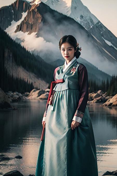 masterpiece,best quality, illustration,beautiful detailed glow, 1 girl, detailed face, <lora:hanbok_w_v10:1>, hanbok, <lora:Ink scenery:1>, scenery, ink, Various flowers,